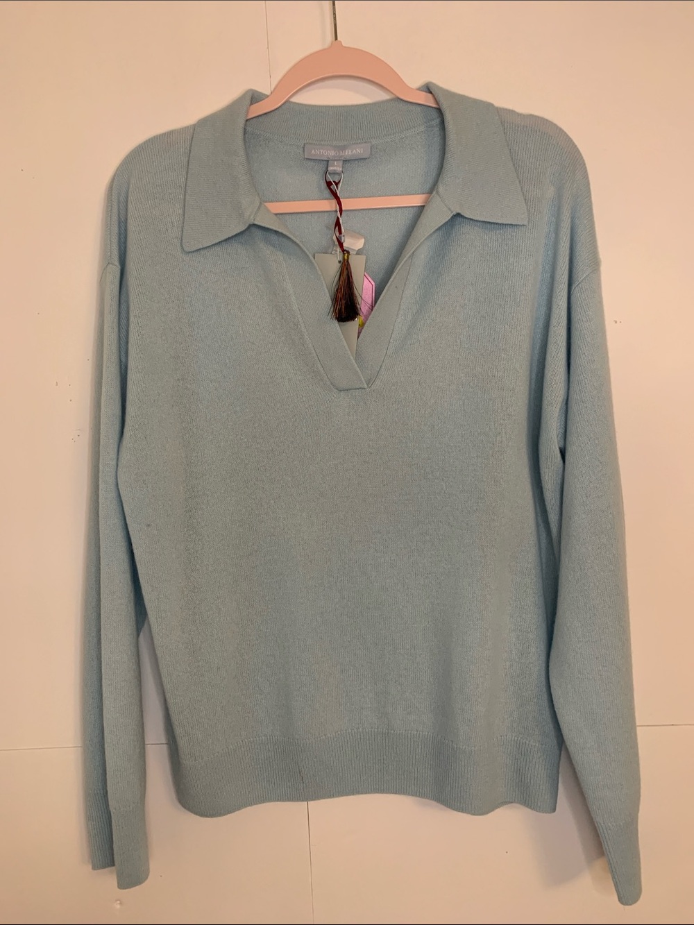 NWT ANTONIO MELANI Pale Blue V-Neck Collared Sweater Size L $199